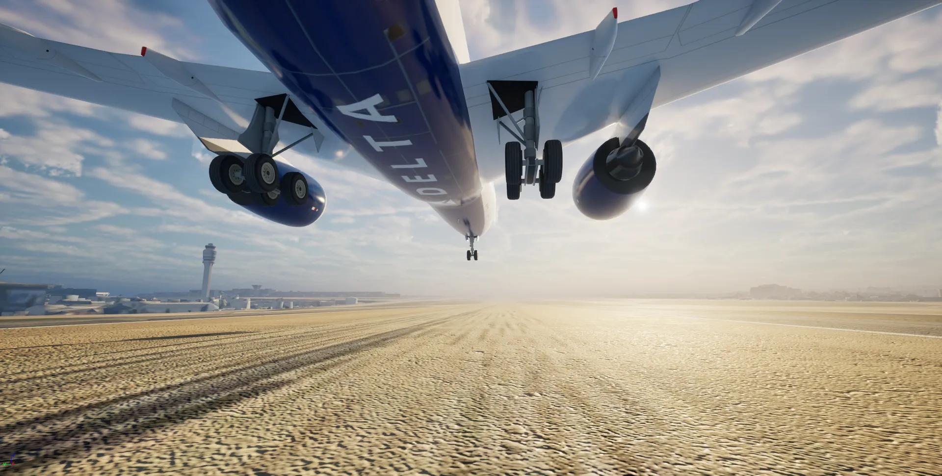 A Delta aircraft on final approach over the runway, rendered in AeroVerse